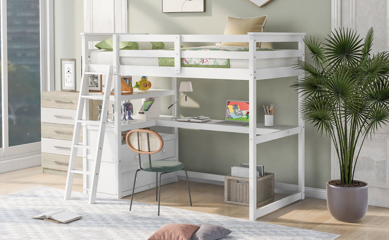 Twin Size Loft Bed with Desk and Shelves, Two Built-in Drawers, White (old SKU: GX000803AAK-1)