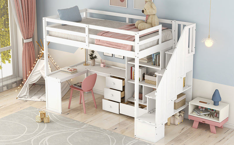 Twin Size Loft Bed with L-Shaped Desk and Drawers, Cabinet and Storage Staircase, White