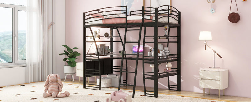 Twin Size Loft Bed with 4 Layers of Shelves and L-shaped Desk, Stylish Metal Frame Bed with a set of Sockets, USB Ports and Wireless Charging, Black