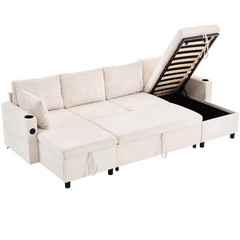 Sectional Sofa Pull Out Sofa Bed Versatile Sofa Sleeper With Large Storage Space, Two USB Ports And Two Cup Holders For Living Room