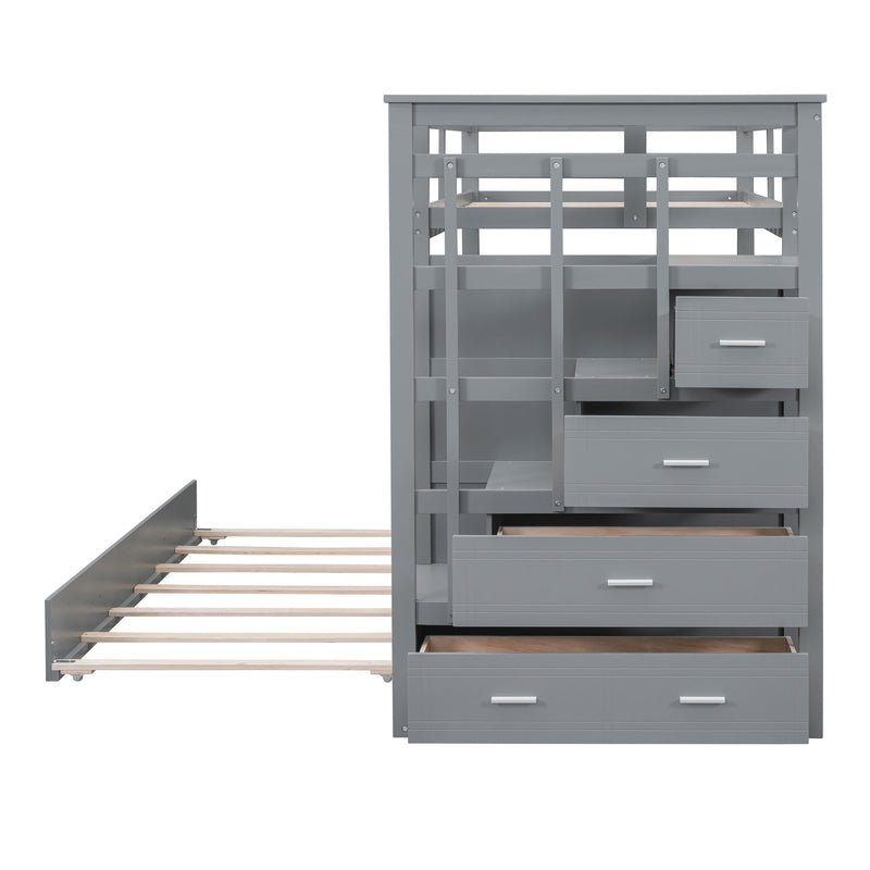 Twin Over Twin Bunk Bed with Trundle and Staircase,Gray(OLD SKU:LT000068AAE)