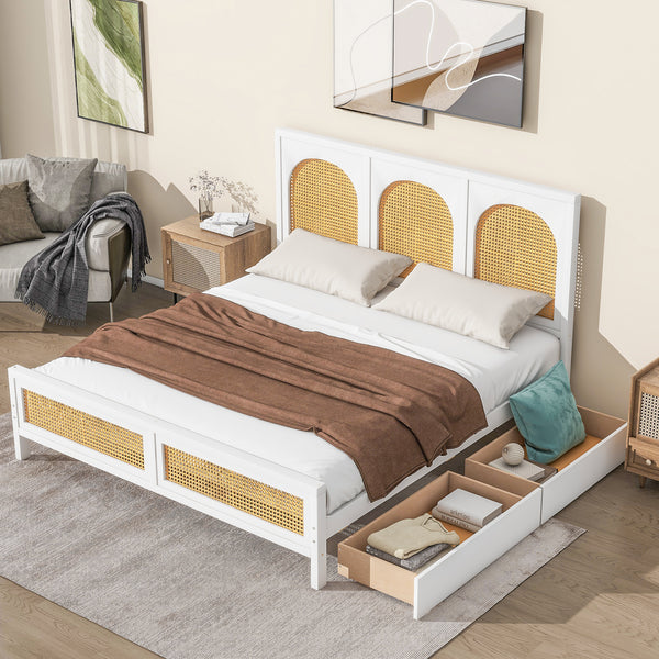 Queen Size Wood Storage Platform Bed with 2 Drawers, Rattan Headboard and Footboard, White