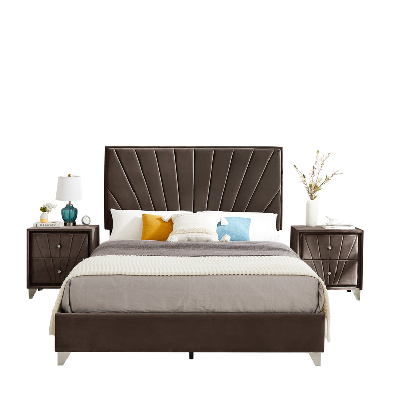 B108 Full bed with two nightstands, Beautiful line stripe cushion headboard , strong wooden slats + metal legs with Electroplate