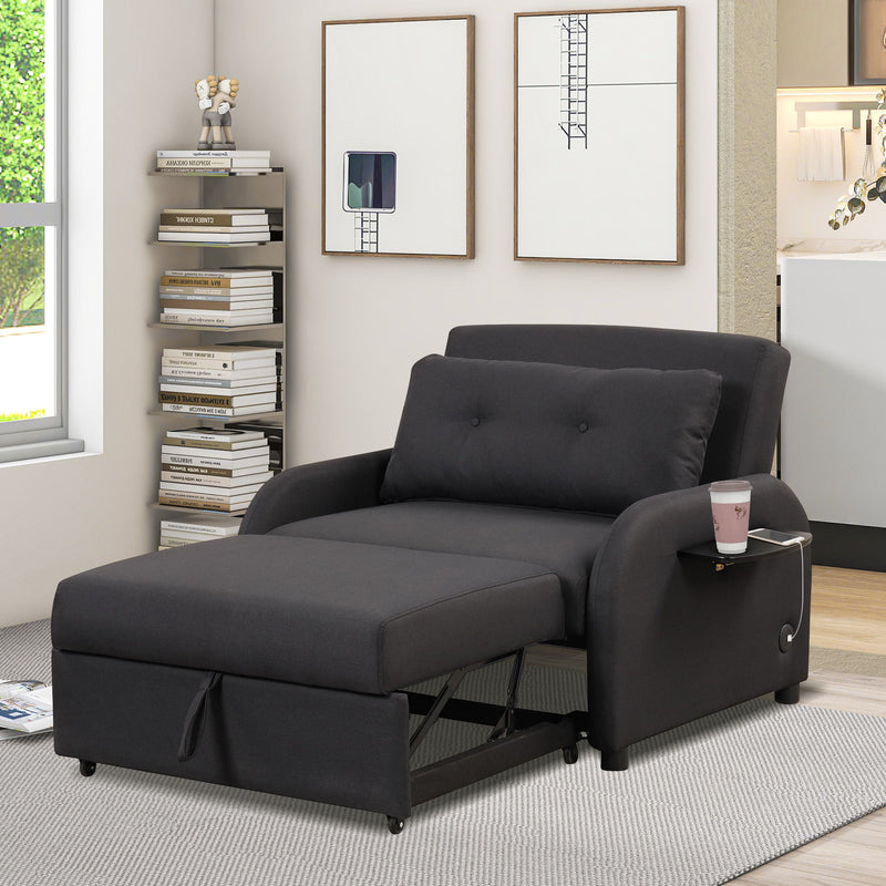 Pull Out Sofa Sleeper 3 In 1 With 2 Wing Table And USB Charge For Nap Line Fabric For Living Room Recreation Room