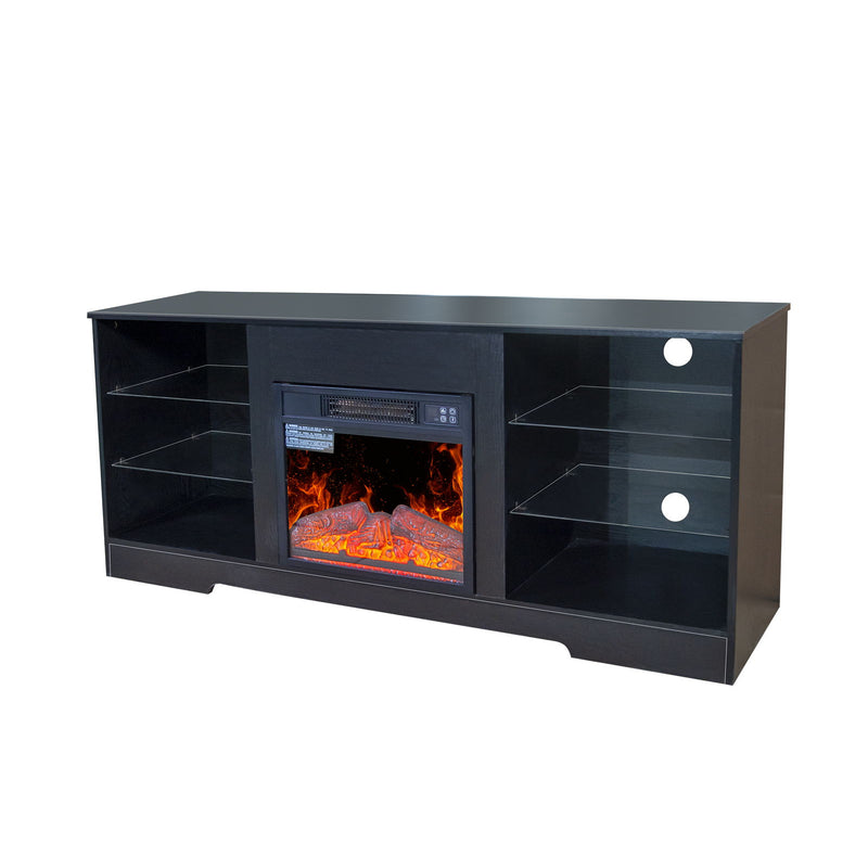 57.8" Fireplace TV Stand With 18" Electric Fireplace Heater, Modern Entertainment Center For TVs Up To 62" With Adjustable Glass Shelves And Storage Cabinets