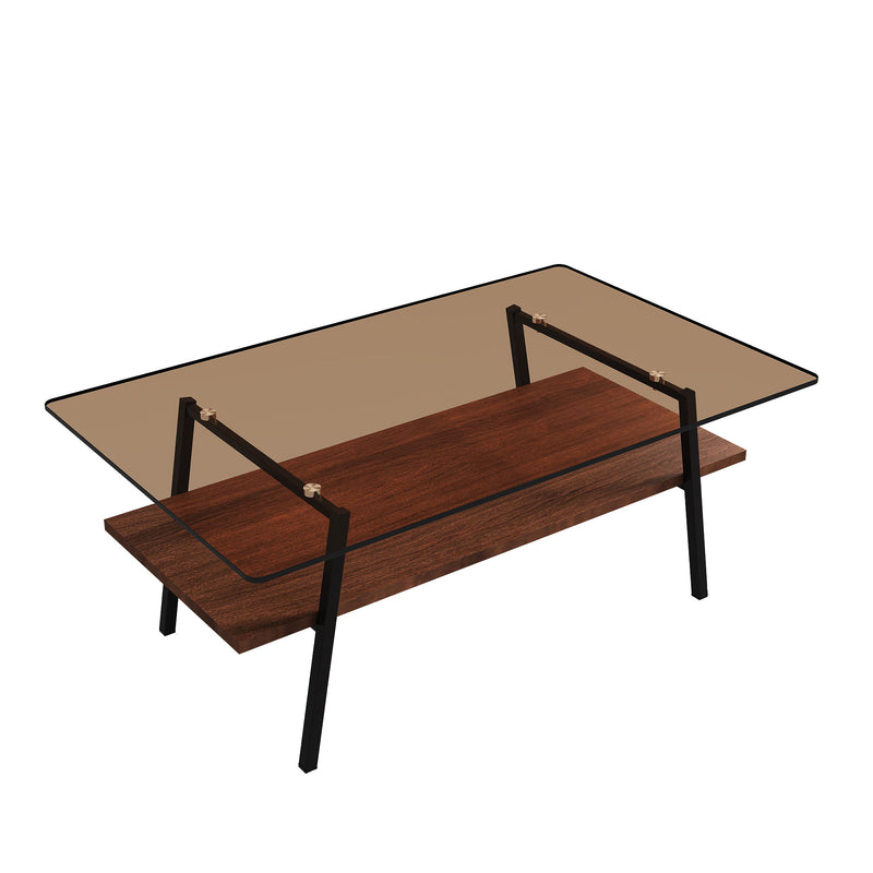 Rectangle Coffee Table, Tempered Glass Tabletop With Metal Legs, Modern Table For Living Room - Brown