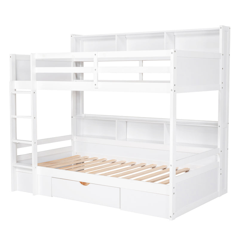 Twin Size Bunk Bed with Built-in Shelves Beside both Upper and Down Bed and Storage Drawer,White