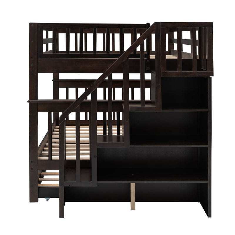 Stairway Bunk Bed With Twin Size Trundle, Storage And Guard Rail For Bedroom, Dorm