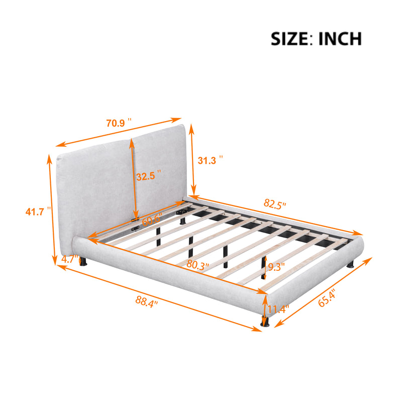 Queen Size Upholstered Platform Bed with Two Large Headrests and Thick Fabric, Polyester, Beige