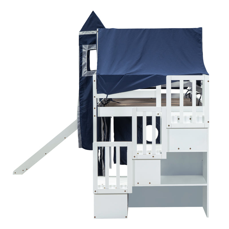 Twin Size Loft Bed with Tent and Tower - Blue