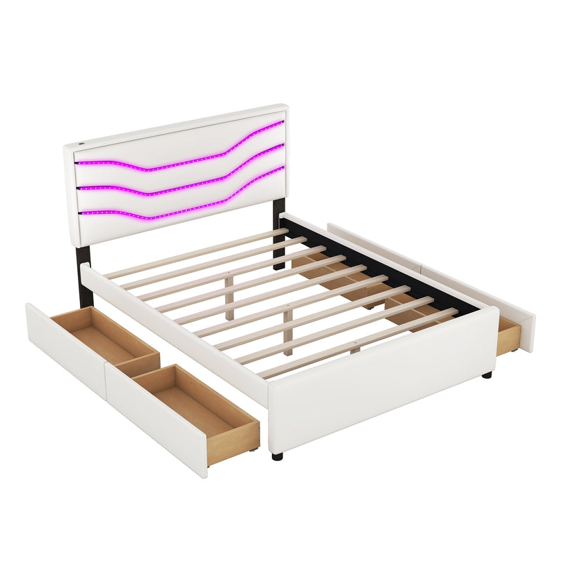 Queen Size Upholstered Storage Platform Bed with LED, 4 Drawers and USB Charging, White