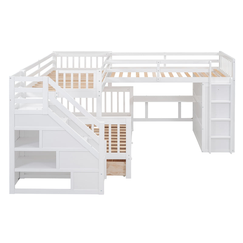 Twin-Twin over Full L-Shaped Bunk Bed With 3 Drawers, Portable Desk and Wardrobe, White