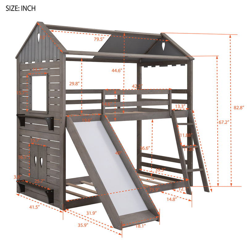 Twin Over Twin Bunk Bed Wood Bed with Roof, Window, Slide, Ladder ,Antique Gray(OLD SKU:LP000059AAE)