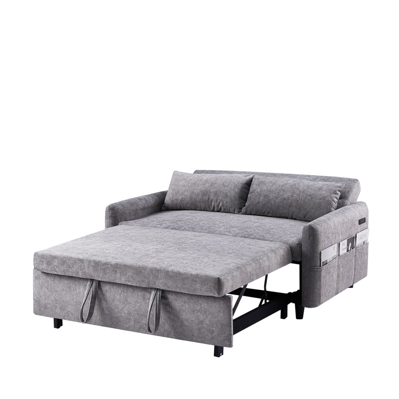 Pull Out Sleep Sofa Bed Loveseats Sofa Couch With Adjsutable Backrest, Storage Pockets, 2 Soft Pillows, USB Ports For Living Room