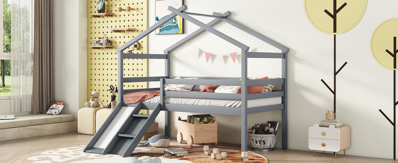 Twin Low Loft House Bed with Slide,  Ladder, Safety Guardrails, House Roof Frame,Grey