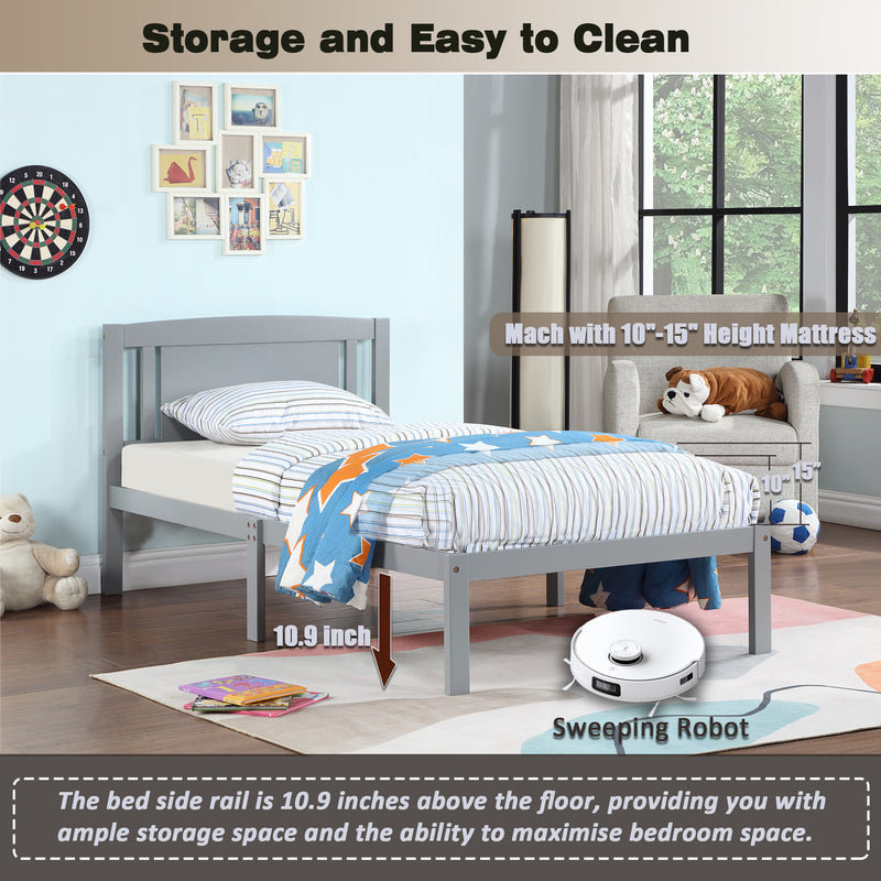 Twin Size Bed, Wood Platform Bed Frame with Headboard For Kids, Slatted, Gray