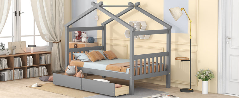 Twin Size Wooden House Bed with Drawers, Gray