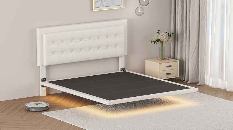 Queen Size Floating Bed Frame with Motion Activated Night Lights,Modern PU Upholstered Button Tufted Platform Bed Frame,White