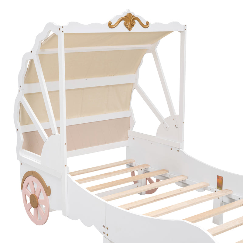 Twin Size Princess Carriage Bed with Canopy, Wood Platform Car Bed with 3D Carving Pattern, White+Pink+Gold