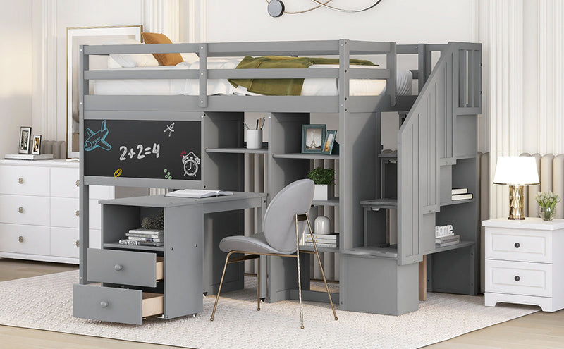 Twin Size Loft Bed with Pullable Desk and Storage Shelves,Staircase and Blackboard,Gray