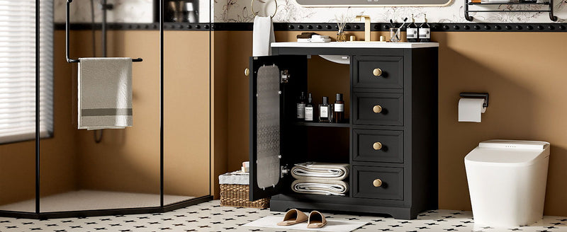 Bathroom Vanity With A Soft Close Glass Door, Adjustable Shelves, And Three Drawers