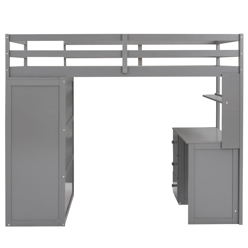 Twin size Loft Bed with Drawers,Desk,and Wardrobe-Gray