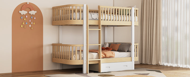 Wood Twin over Twin Bunk Bed with Fence Guardrail and a Big Drawer, Natural White