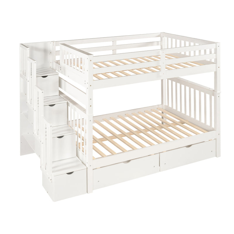 Full Over Full Bunk Bed With Shelves And 6 Storage Drawers - White