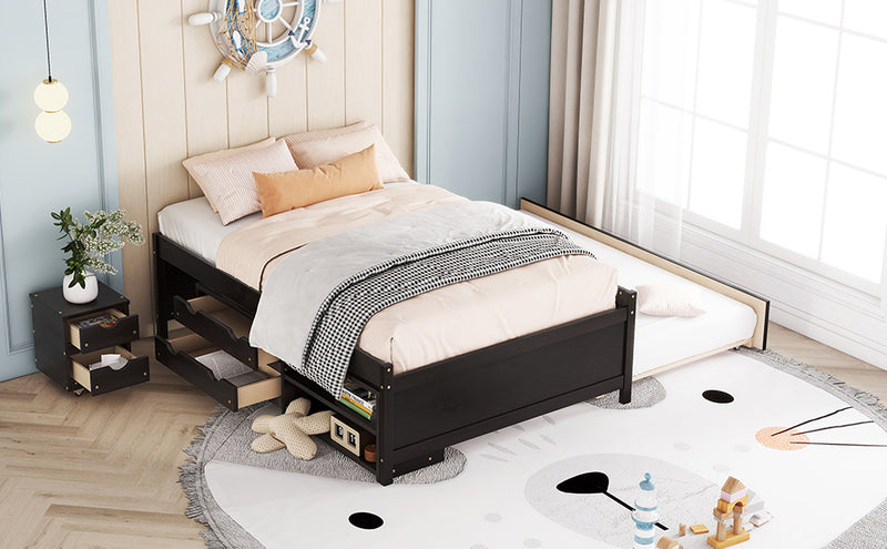 Versatile Full Bed with Trundle,Under bed Storage Box and Nightstand .Espresso