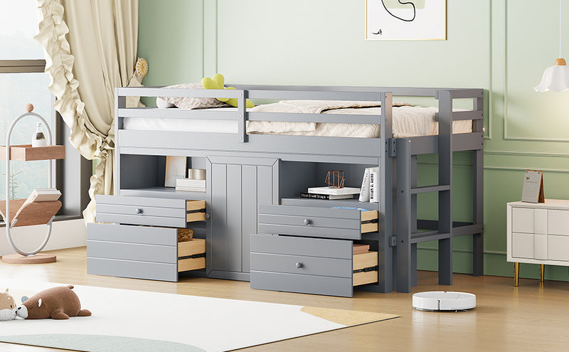 Twin Size Loft Bed with 4 Drawers, Underneath Cabinet and Shelves, Gray