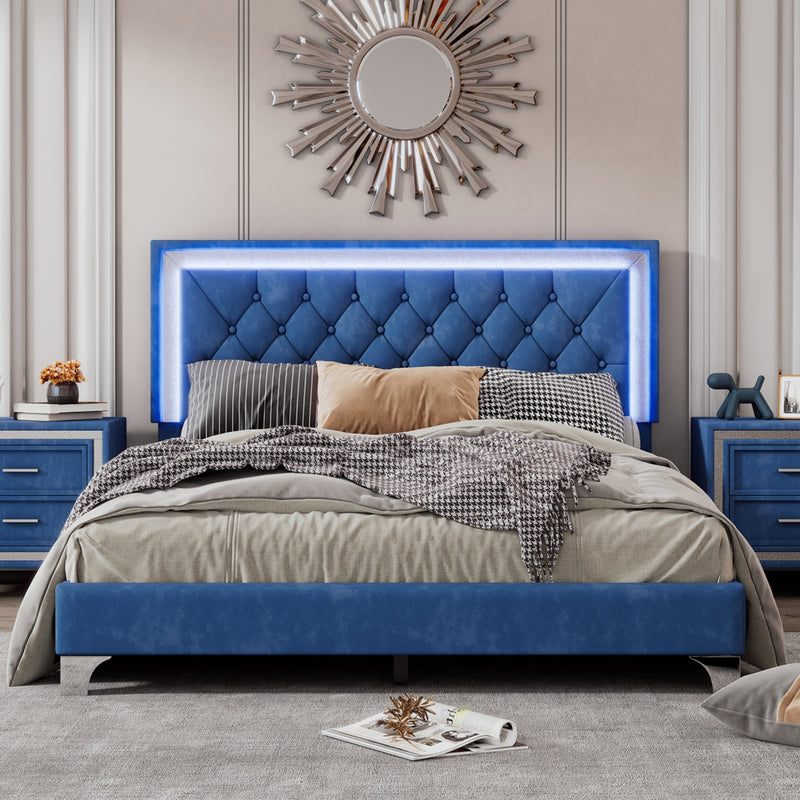 Queen Size Upholstered Bed Frame with LED Lights,Modern Velvet Platform Bed with Tufted Headboard,Blue