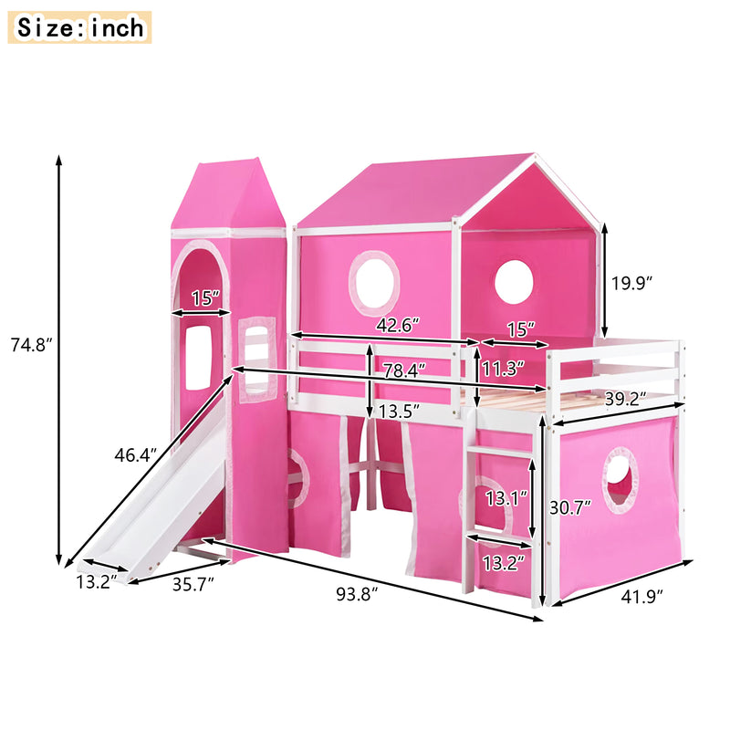 Twin Size Bunk Bed with Slide Pink Tent and Tower - Pink