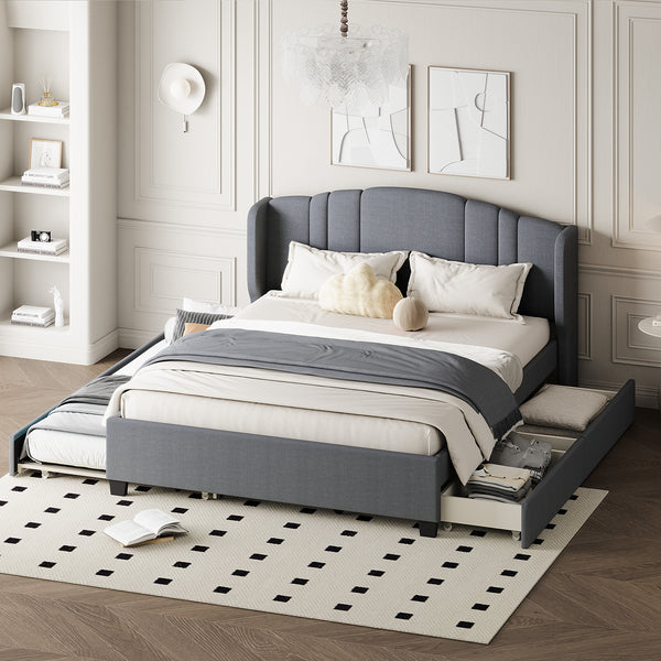 Upholstered Platform Bed with Wingback Headboard, One Twin Trundle and 2 Drawers, No Box Spring Needed, Linen Fabric, Queen Size Gray