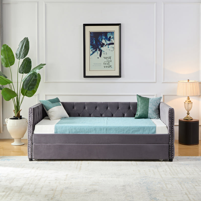 Daybed with Trundle Sofa Bed, upgraded velvet upholstered sofa bed, with Button and copper nail on square arms,bedroom living room furniture (Grey,Twin,83.47"x41.91"x30.71")