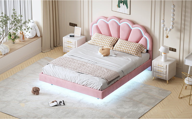 Queen Upholstered Smart LED Bed Frame with Elegant Flowers Headboard,Floating Velvet Platform LED Bed with Wooden Slats Support,Pink