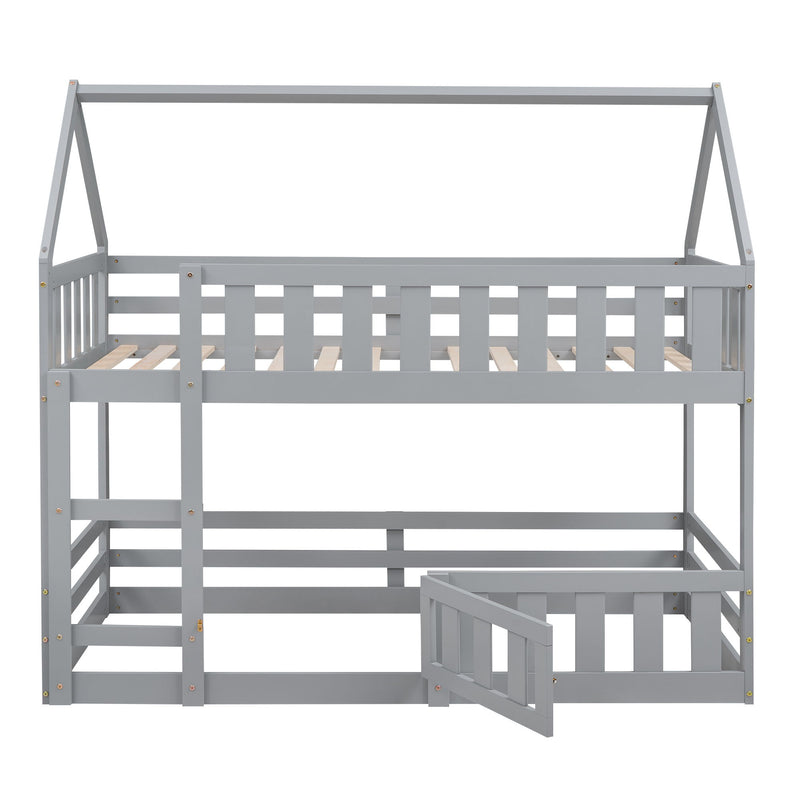 Twin Over Twin House Bunk Bed With Fence And Door - Gray