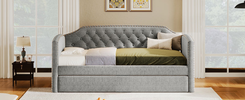 Twin Size Upholstered Daybed with Trundle for Guest Room, Small Bedroom, Study Room, Gray