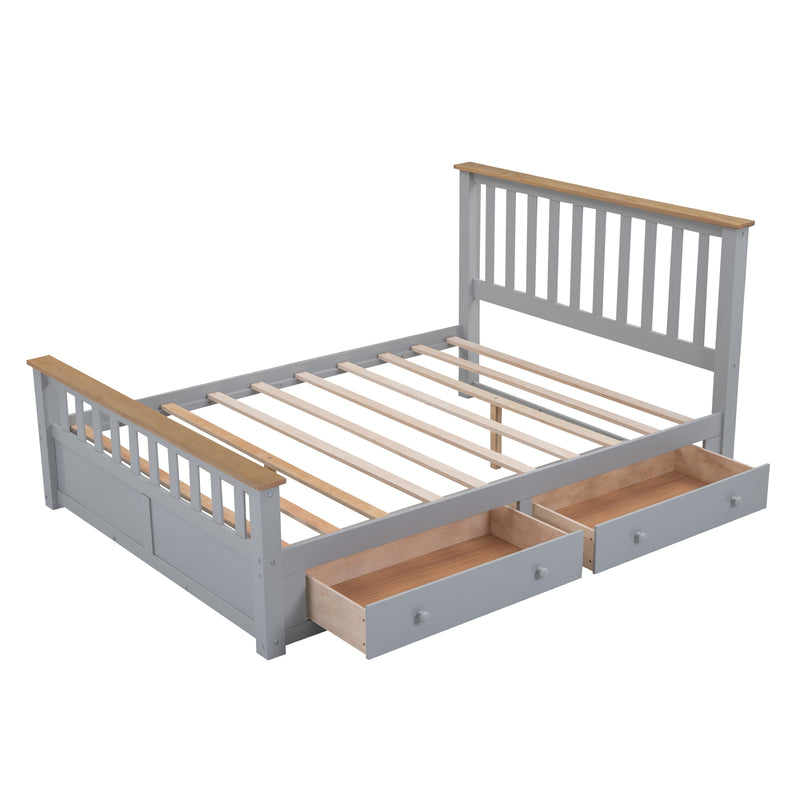 Queen Size Wood Platform Bed with Two Drawers and Wooden Slat Support,Gray+Natrual