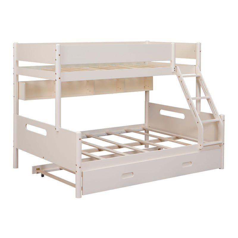 Wood Twin Over Full Bunk Bed With Storage Shelves And Twin Size Trundle - Cream