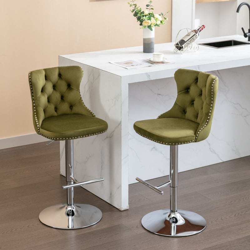 Swivel Velvet Barstools Adjusatble Seat Height From 25-33", Modern Upholstered Chrome Base Bar Stools With Backs Comfortable Tufted For Home Pub And Kitchen Island (Set of 2)