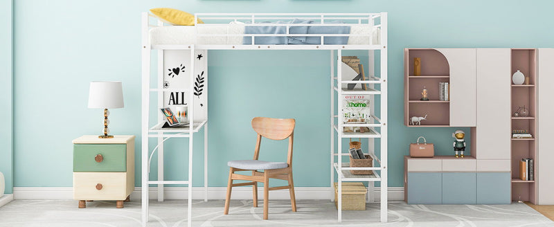 Loft Metal Bed With 3 Layers Of Shelves And Desk, Stylish Metal Frame Bed With Whiteboard