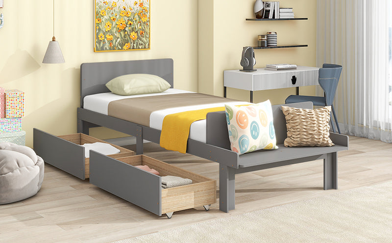 Twin Bed with Footboard Bench,2 drawers,Grey