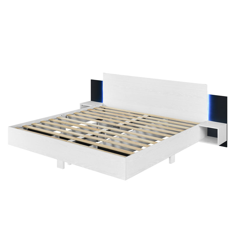 Floating Platform Bed, With LED Lights, Bedside Nightstand