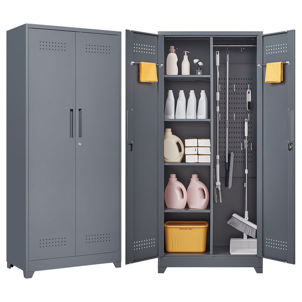 Metal Storage Cabinets, Cleaning Tool Cabinet With Locking Door, Tall Broom Tool Organizer And Storage, Large Storage Cabinet For Kitchen