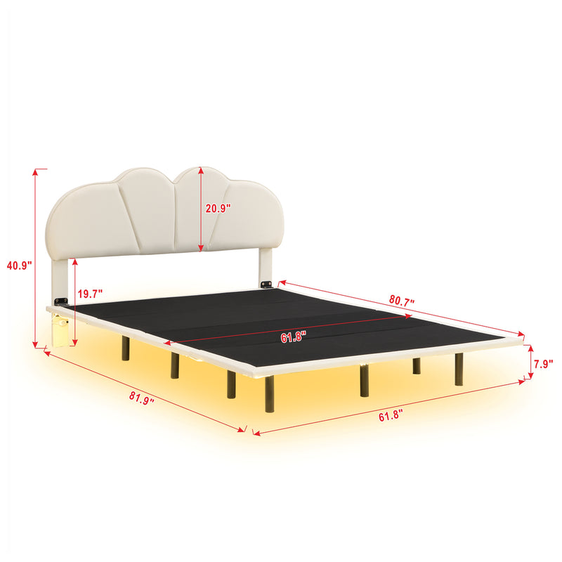 Queen Size Upholstery LED Floating Bed with PU Leather Headboard and Support Legs,Beige