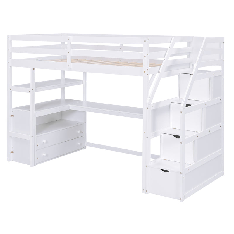 Twin Size Loft Bed with Desk and Shelves, Two Built-in Drawers, Storage Staircase, White