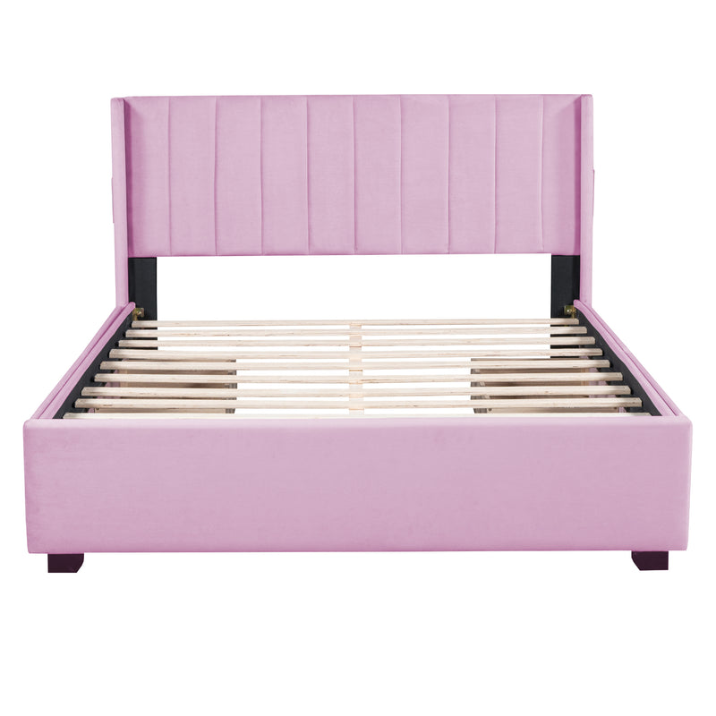 Queen Size Upholstered Bed with 4 Drawers, Pink