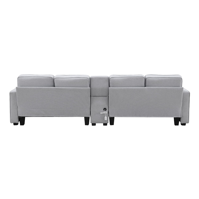 Upholstered Sofa With Console, 2 Cupholders And 2 USB Ports Wired Or Wirelessly Charged, Modern Linen Fabric Couches With 4 Pillows For Living Room, Apartment (4-Seat)