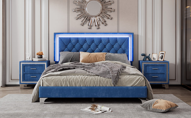 Queen Size Upholstered Bed Frame with LED Lights,Modern Velvet Platform Bed with Tufted Headboard,Blue