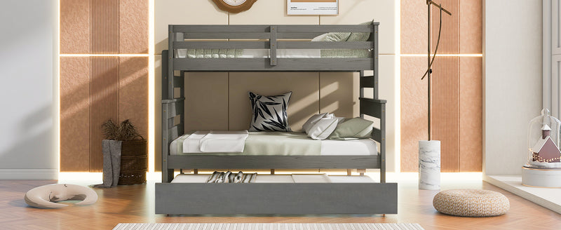 Wood Twin over Full Bunk Bed with Twin Size Trundle, Gray